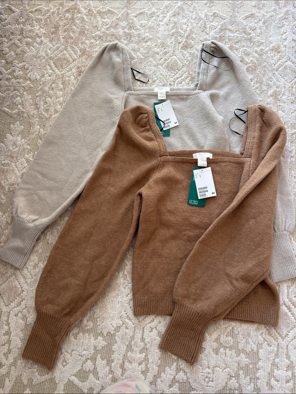 H&M Off-Shoulder Square Neck Sweaters - Brown & Light Gray